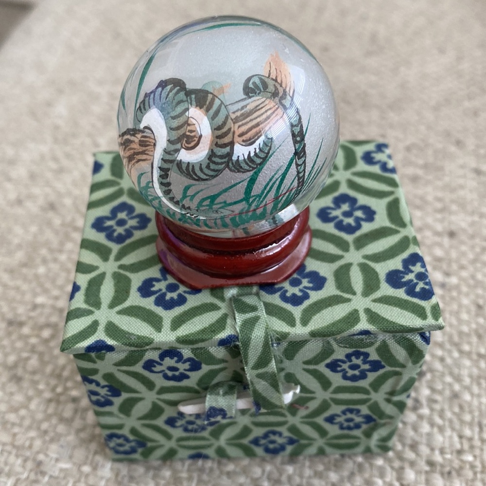 Chinese Reverse Painted Glass Snake Globe Curio Sphere Pedestal Stand Box Set